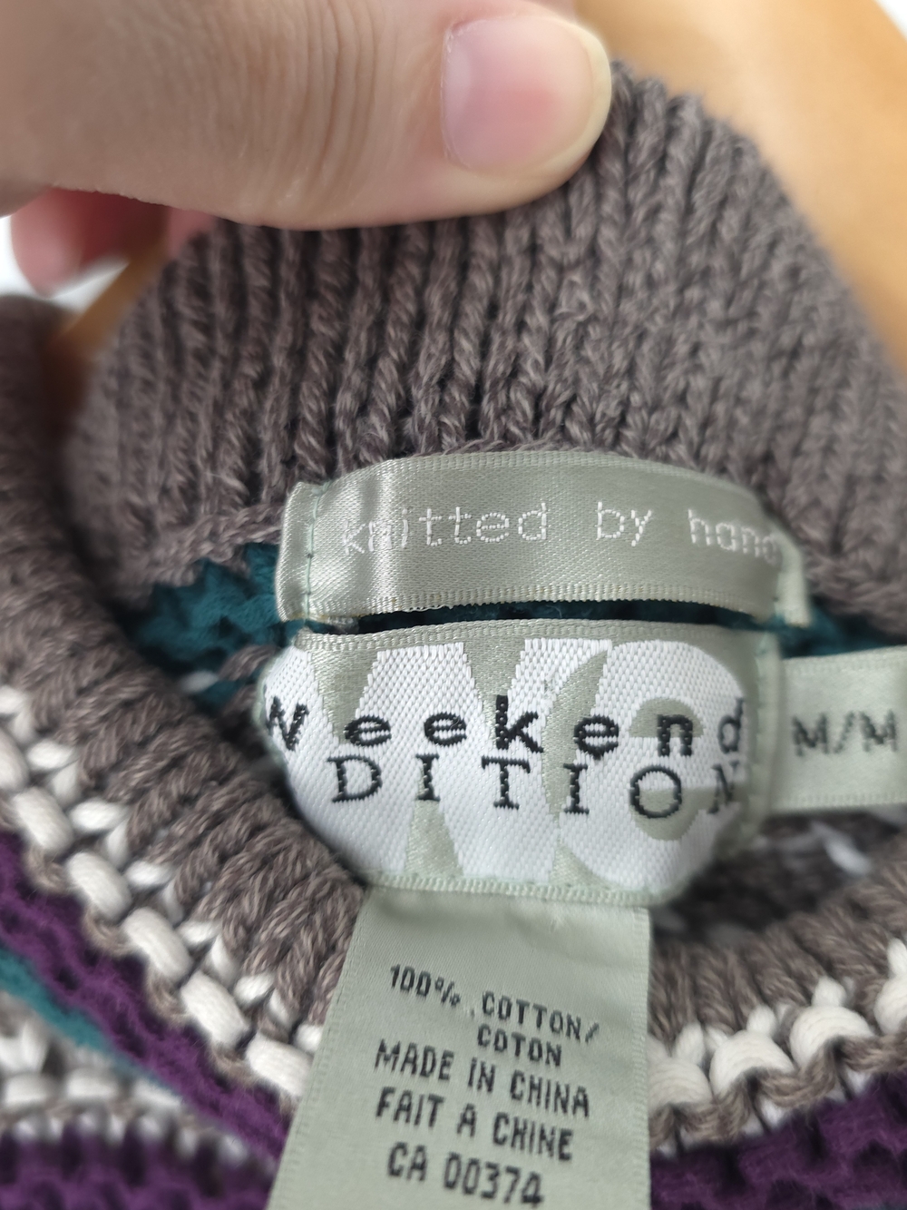 Weekend Edition Hand Knit Cotton Striped Mock Neck Sweater Size M Teal Purple - Picture 6 of 9